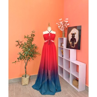 [Maxi] Đầm maxi phối bèo đỏ xanh Form Dài -Nhà Lỳ Có Maxi