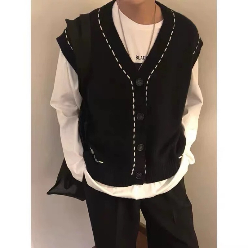Áo gile len unisex,chất len mỏng màu đen viền chỉ trắng