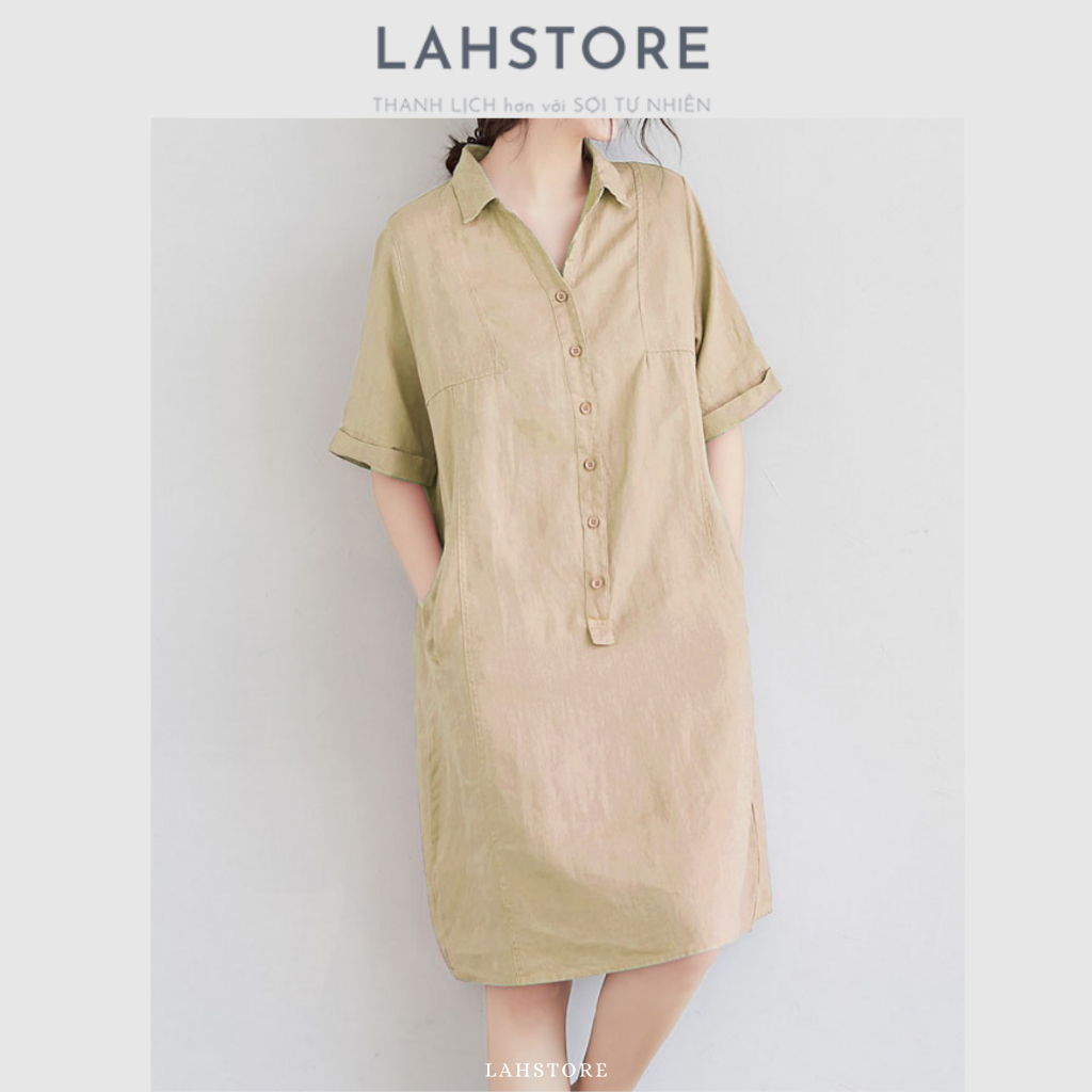 Đầm suông linen LAHSTORE cổ đức, tay lửng, túi bổ cơi
