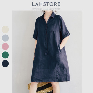 Đầm suông linen lahstore cổ sơ mi, tay lỡ, túi bổ cơi