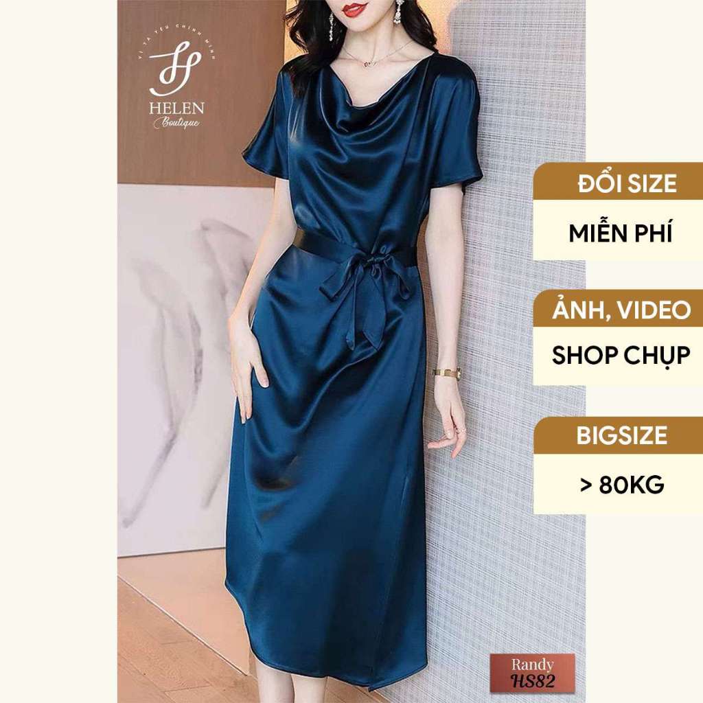 Đầm lụa dự tiệc trung niên bigsize, cổ đổ, xẻ tà sang trọng, kiêu sa, Randy Dress, Helen Boutique