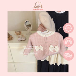 Set váy, đầm áo cardigan nơ trắng kèm váy xếp ly cho bé gái - Suri Kids