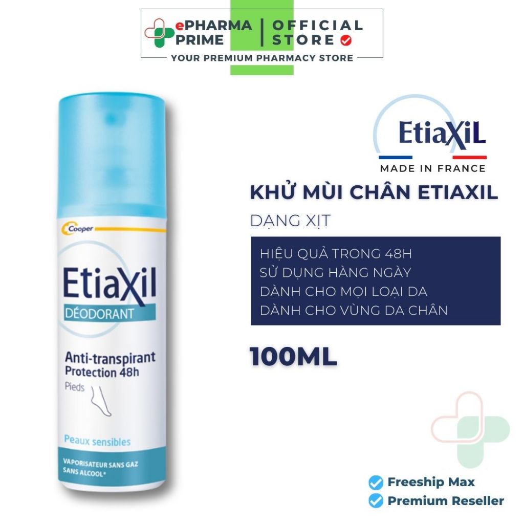 Xịt khử mùi chân Etiaxil Pháp khử mùi, ngăn ngừa mồ hôi chân 48h 100ml