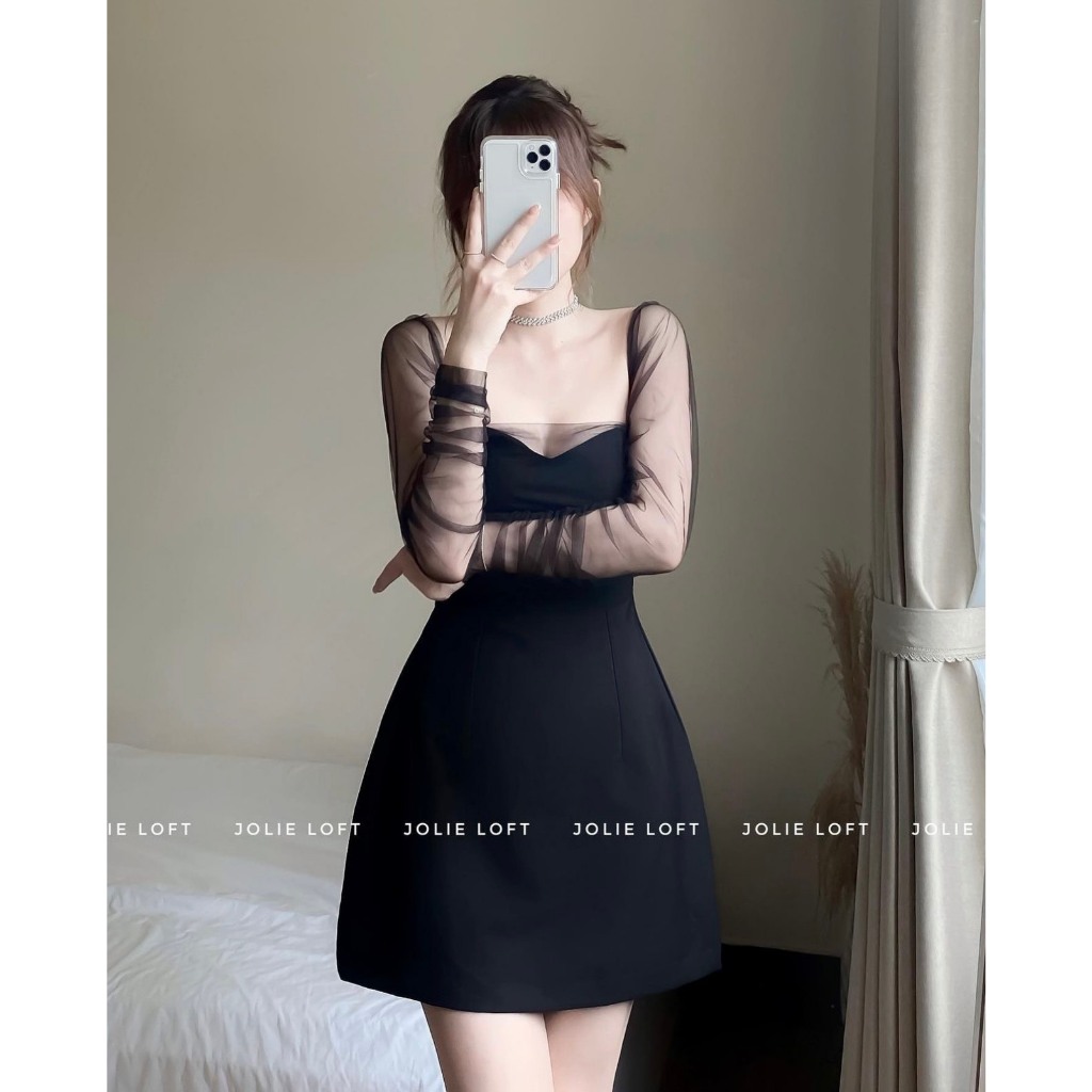 Váy nữ dự tiệc lưới đen dài tay thiết kế Emily dài JOLIE LOFT, đầm dáng ngắn sang trọng đi chơi