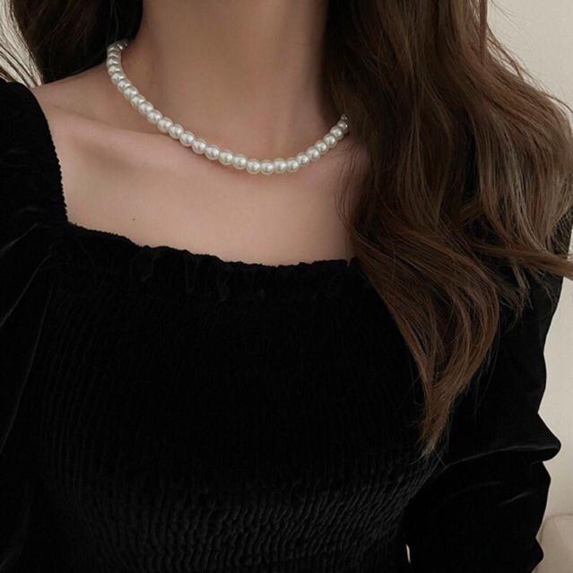 Dây chuyền hạt châu trắng phối trang phục hàng ngày xinh xắn dễ thương