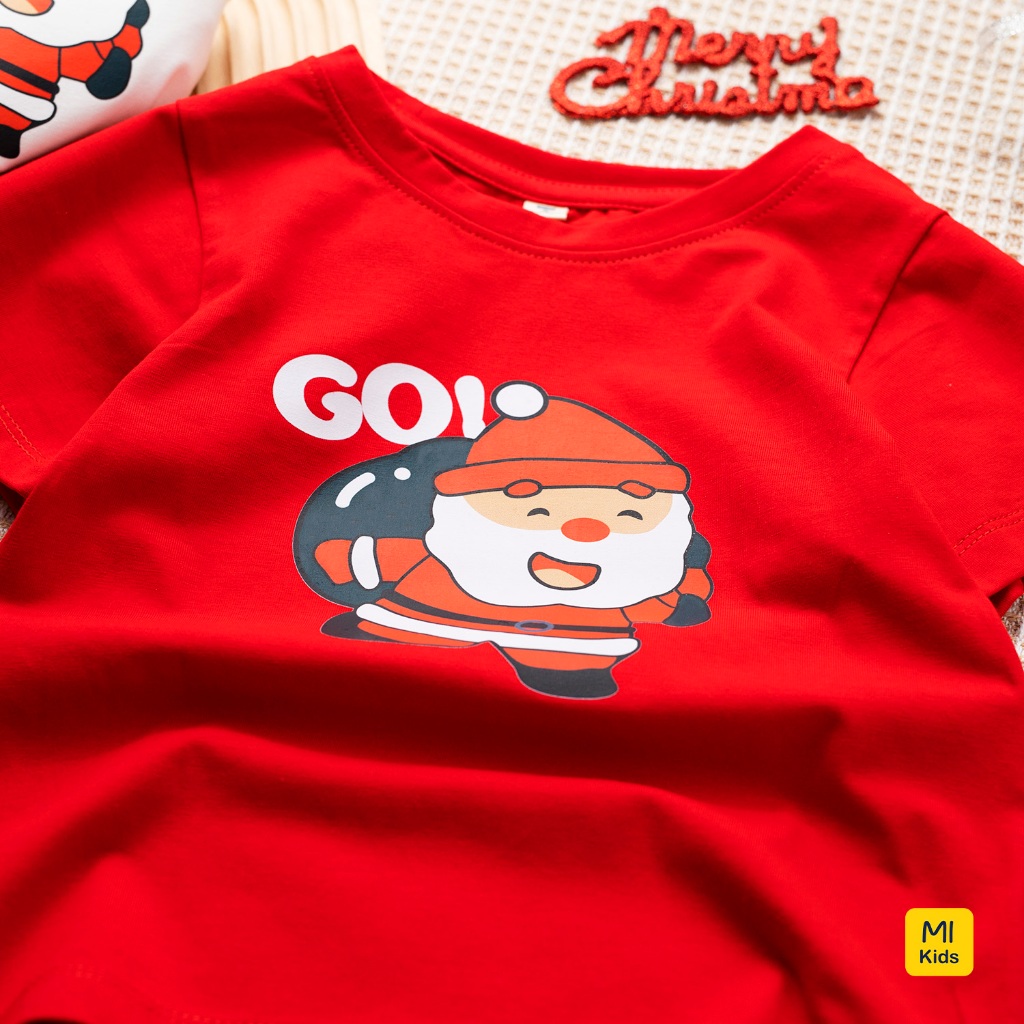 Áo phông Noel cho bé hoạ tiết Ông Già Noel mang quà tặng, chất thun cotton mềm mịn mát cho bé mặc đi chơi giáng sinh