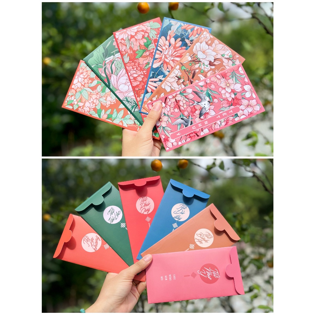 Sét 12 Bao Lì Xì Tết thiết kế đặc sắc - Hình Hoa Lá - Giấy C150 cán mờ in sắc nét