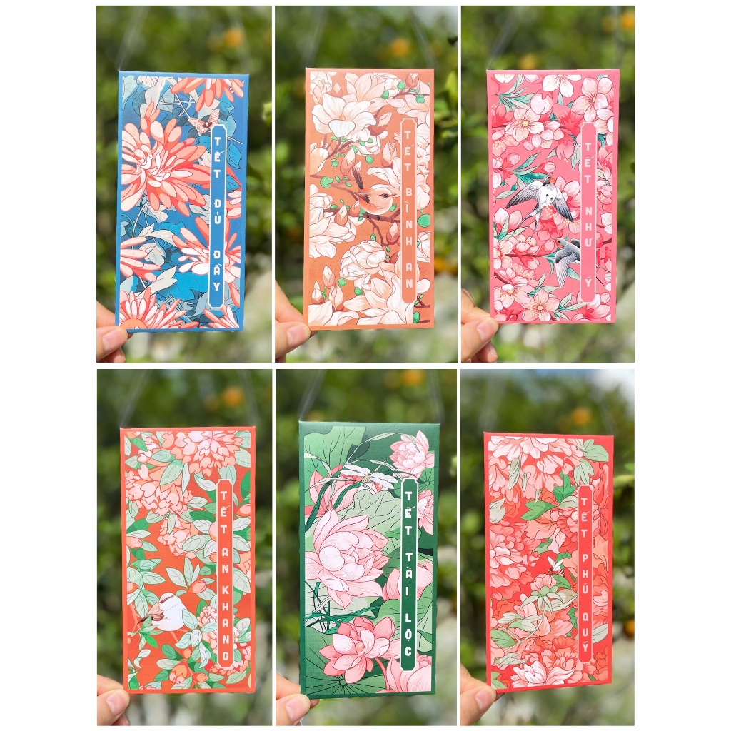 Sét 12 Bao Lì Xì Tết thiết kế đặc sắc - Hình Hoa Lá - Giấy C150 cán mờ in sắc nét