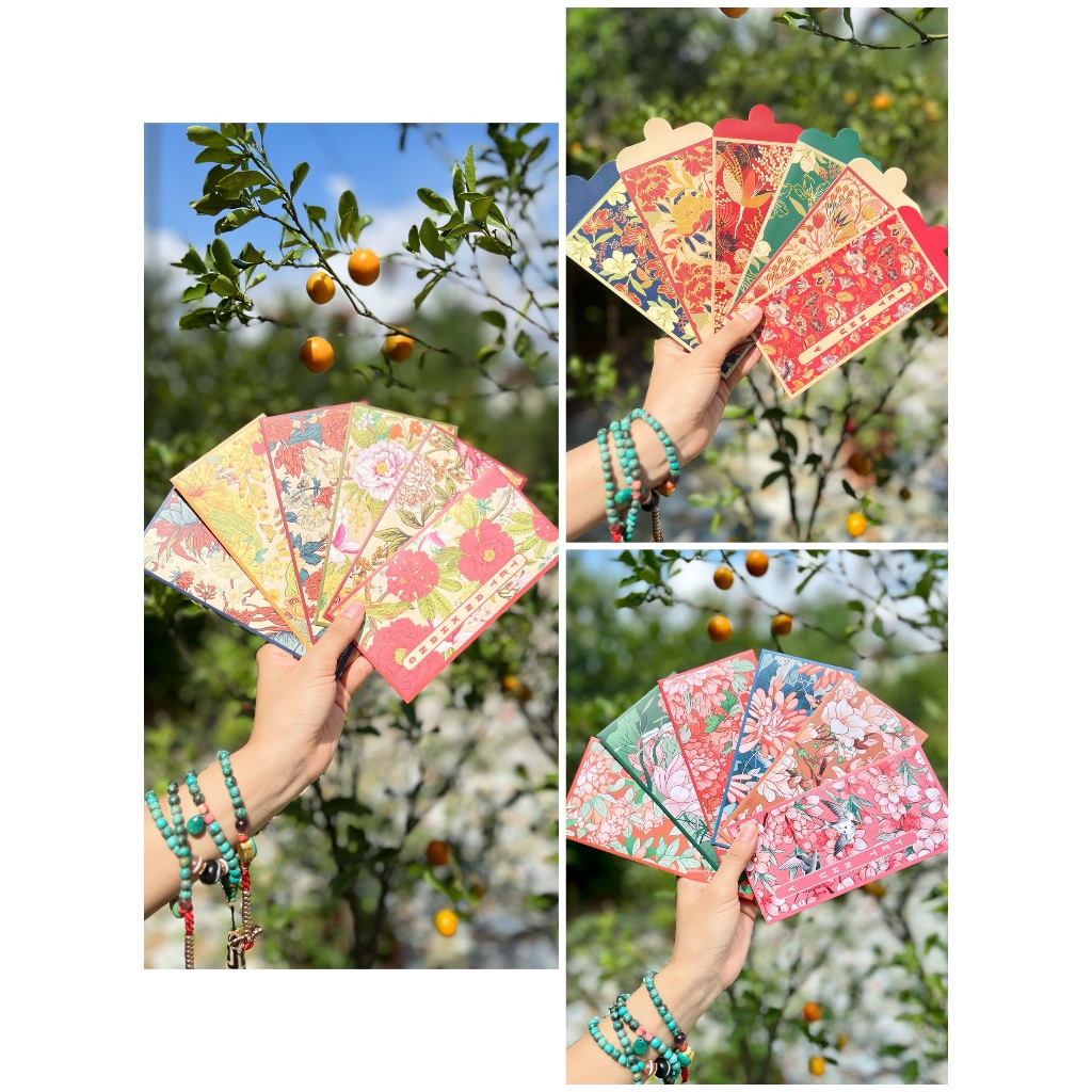 Sét 12 Bao Lì Xì Tết thiết kế đặc sắc - Hình Hoa Lá - Giấy C150 cán mờ in sắc nét
