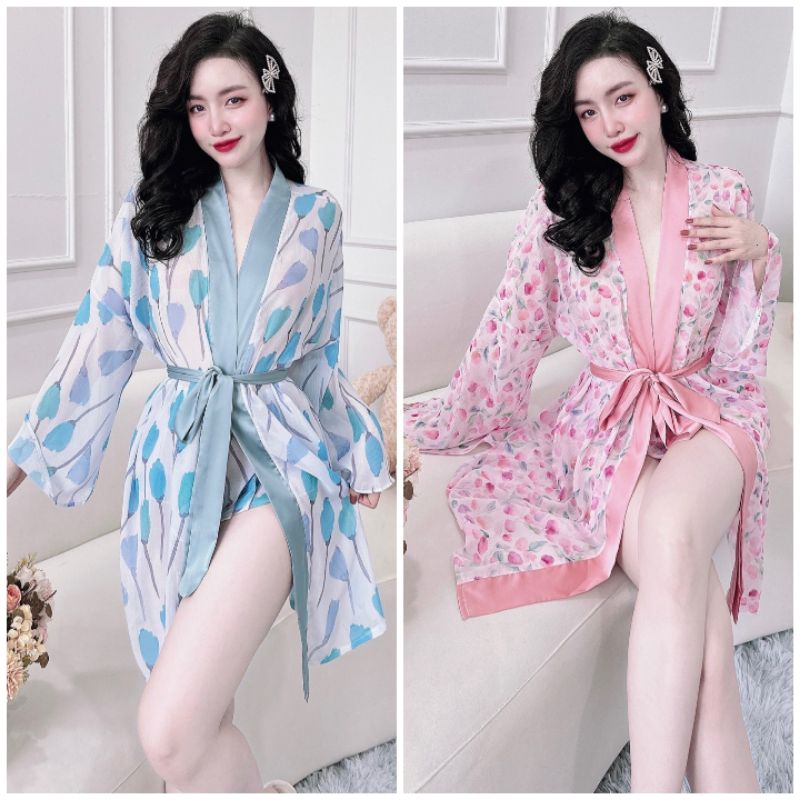 Đồ ngủ gợi cảm áo choàng có dây cột kèm quần đùi lụa mềm mại siêu sexy