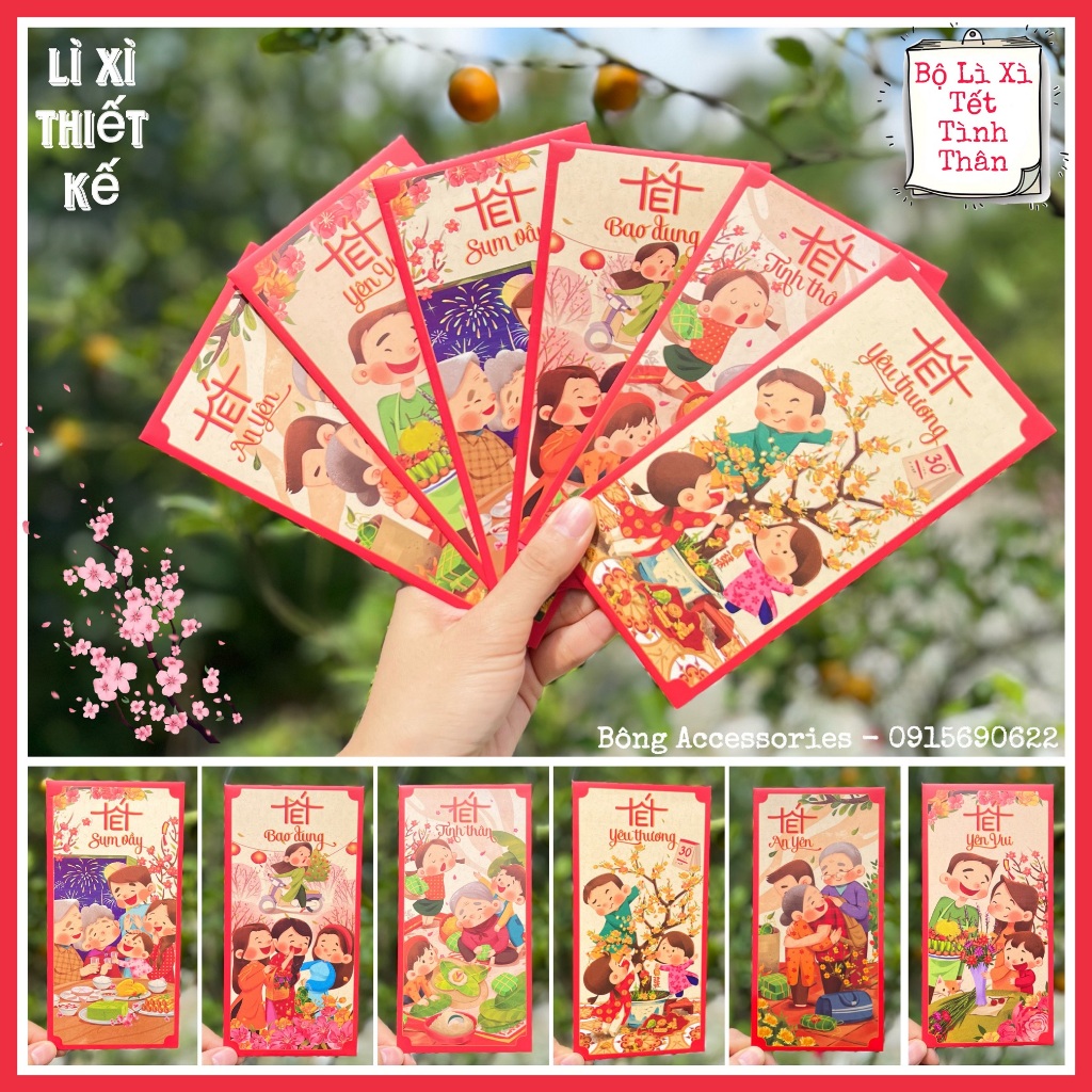 Sét 12 Bao Lì Xì Tết thiết kế đặc sắc - Hình Tết sum vầy đoàn viên - Giấy C150 cán mờ in sắc nét