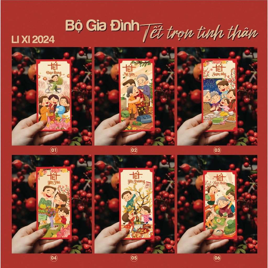 Sét 12 Bao Lì Xì Tết thiết kế đặc sắc - Hình Tết sum vầy đoàn viên - Giấy C150 cán mờ in sắc nét