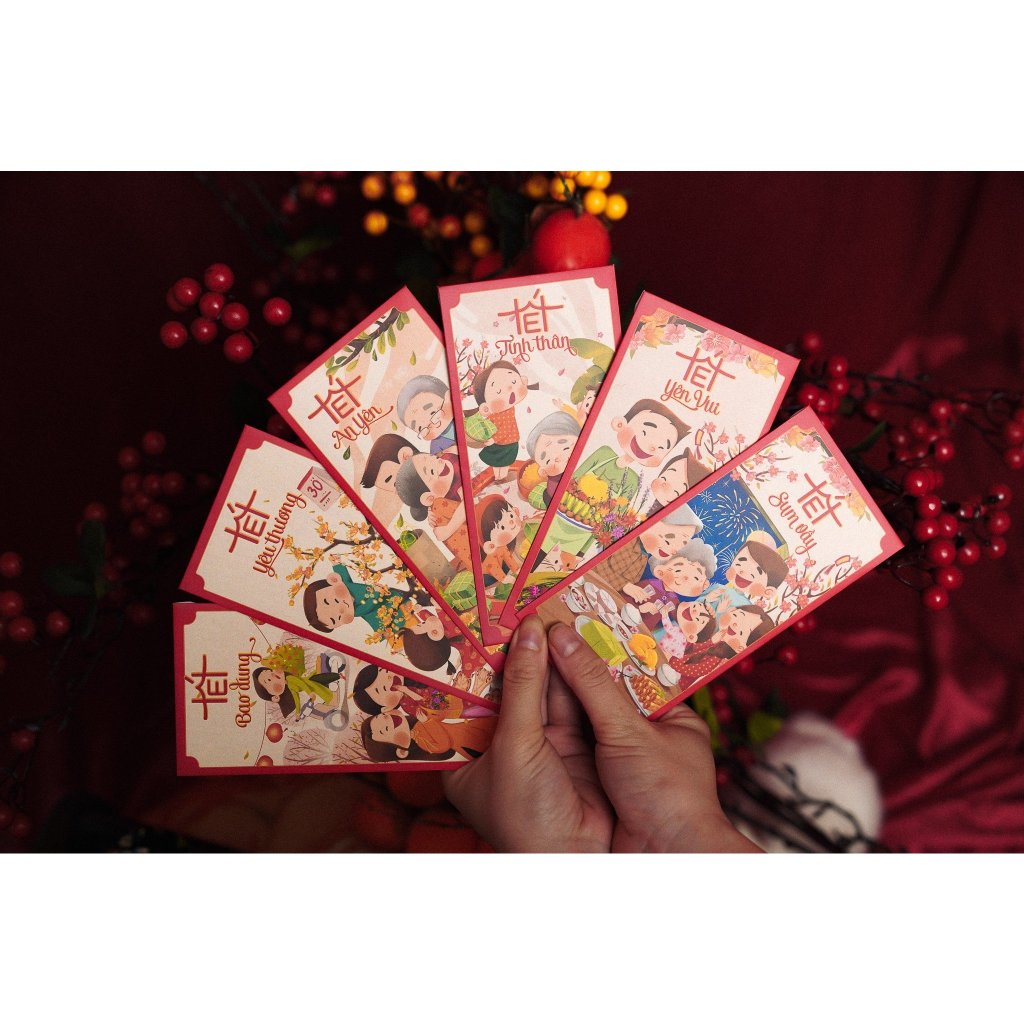 Sét 12 Bao Lì Xì Tết thiết kế đặc sắc - Hình Tết sum vầy đoàn viên - Giấy C150 cán mờ in sắc nét