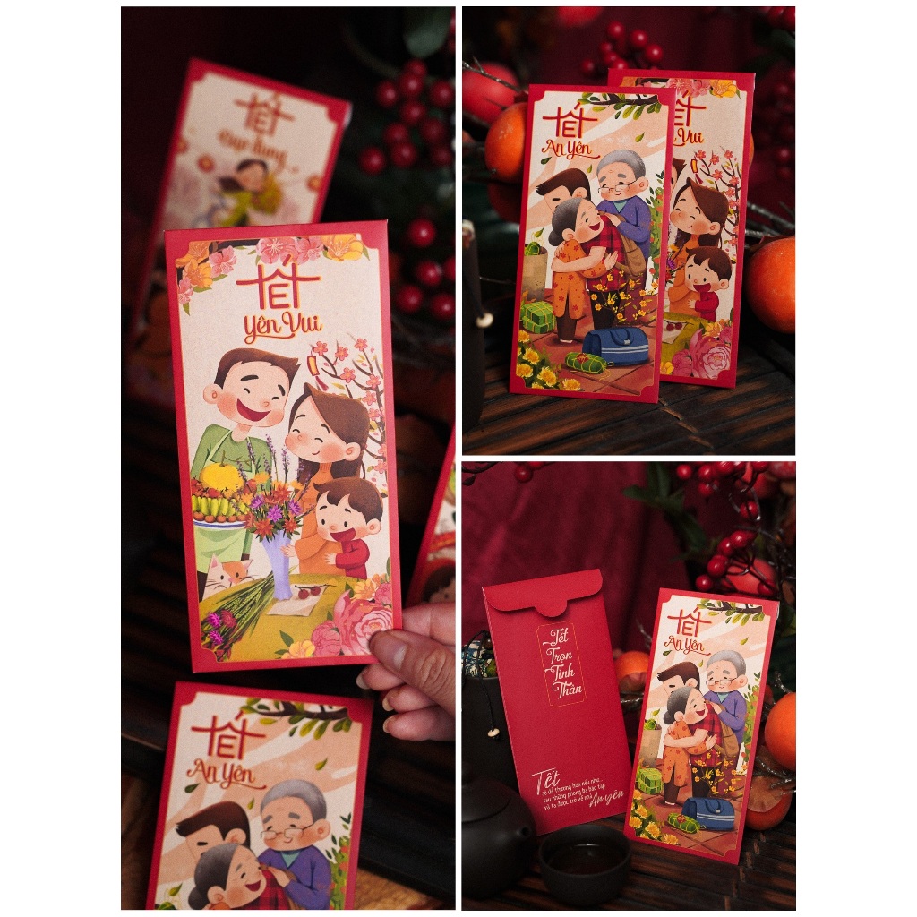 Sét 12 Bao Lì Xì Tết thiết kế đặc sắc - Hình Tết sum vầy đoàn viên - Giấy C150 cán mờ in sắc nét