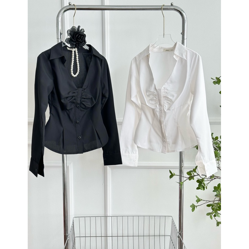 Áo sơ mi trơn cách điệu nơ ngực body tay dài