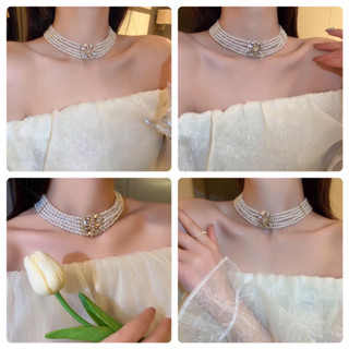 (Có giao hỏa tốc HCM) Vòng cổ choker 5 lớp Ngọc trai giả ướp hương mặt đá thủy tinh sang trọng