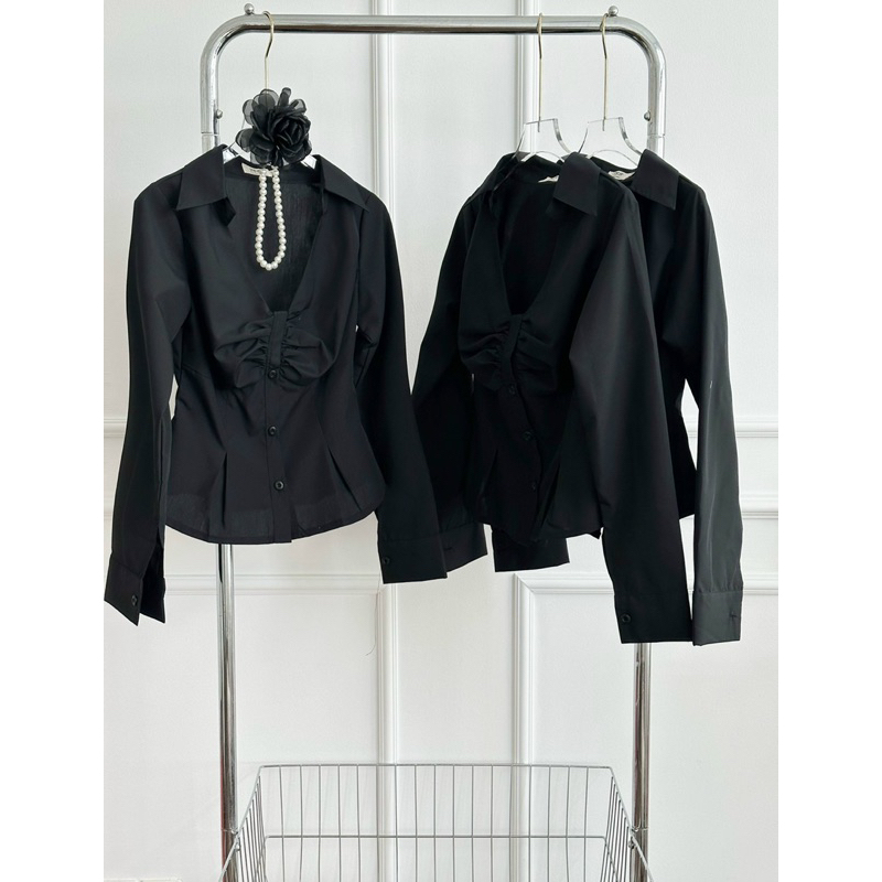 Áo sơ mi trơn cách điệu nơ ngực body tay dài