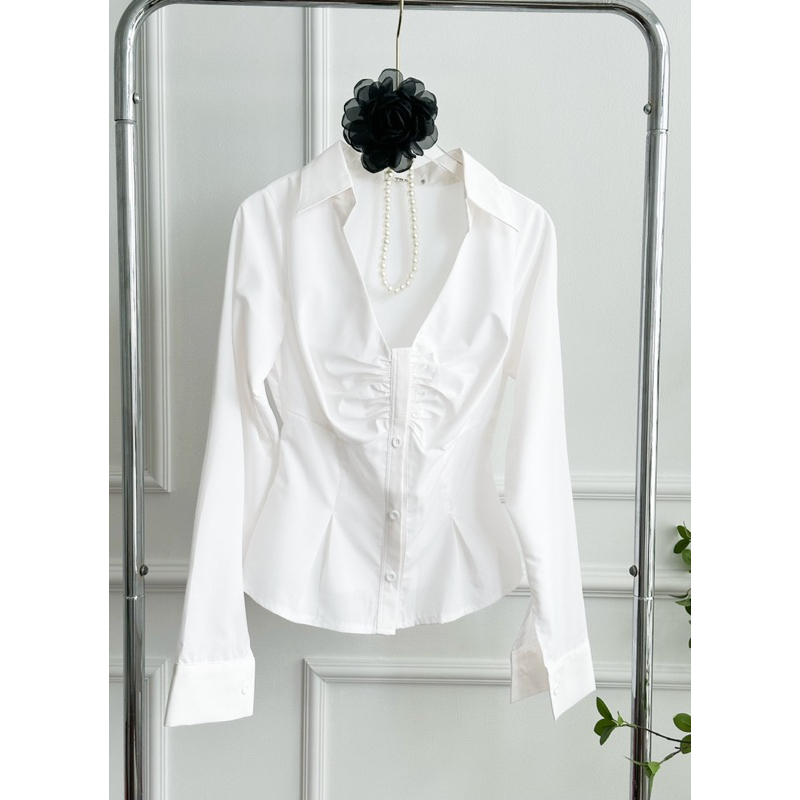 Áo sơ mi trơn cách điệu nơ ngực body tay dài