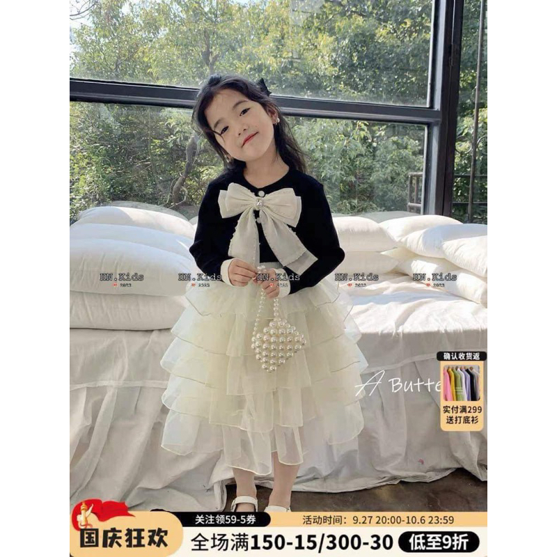 10-30kg set váy voan tầng áo nơ dài tay cho bé gái, set váy mùa thu cho bé gái