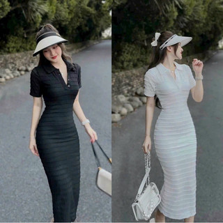 Đầm ôm body thời trang nữ mặc đi chơi cổ sơ mi cài nút tay ngắn chất vải Len Ren hàng loại 1