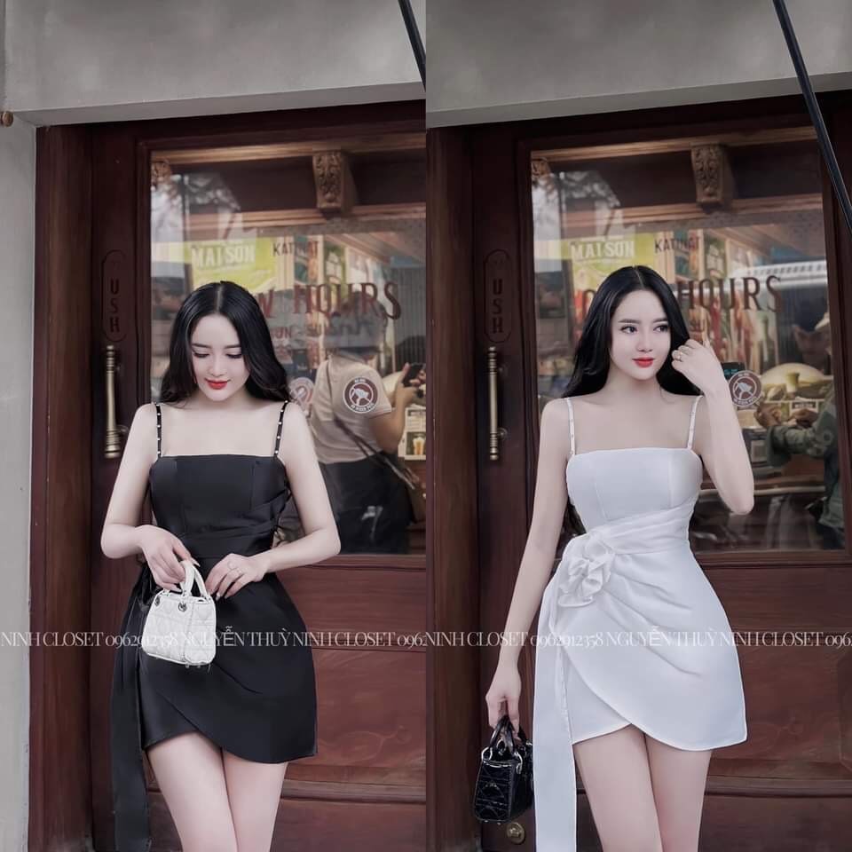 đầm tapa bông bèo vạt chéo dây vai đính cườm có mút lót quần