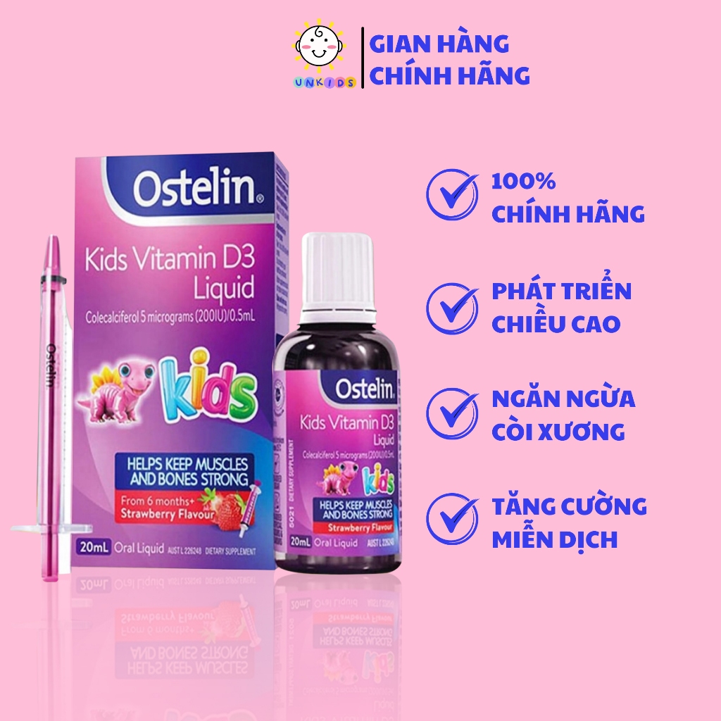 Vitamin D3 dạng nước 200IU cho bé Ostelin Kids Liquid 20ml giúp tăng chiều cao, phòng tránh còi xương 20ml