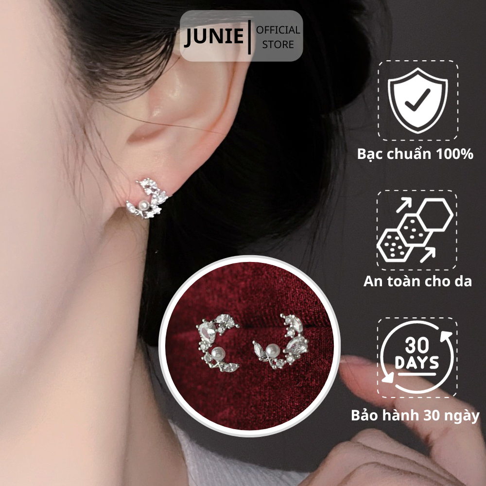Bông Tai Bạc Mạ Vàng JUNIE, Tạo Hình Mặt Trăng Đính Đá Ngọc Trai E-ADRIANA