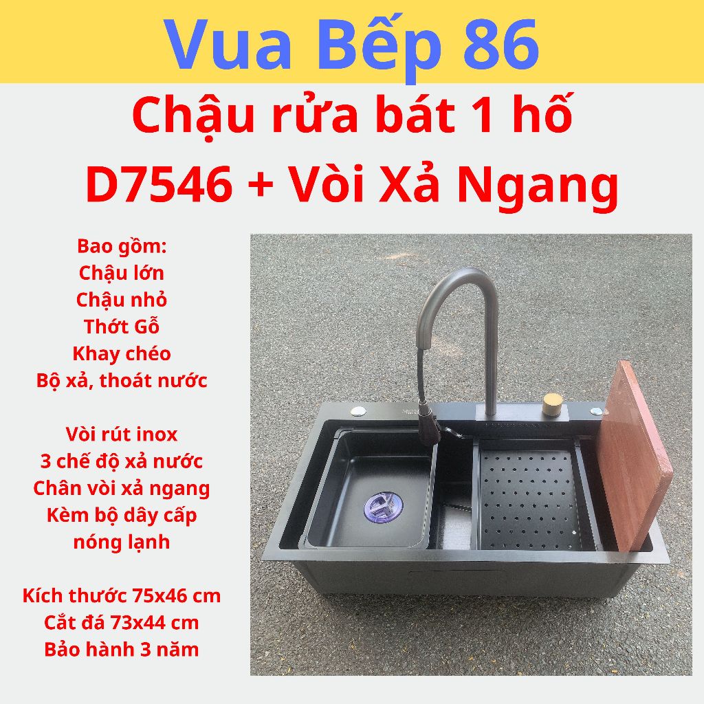 Chậu rửa bát 1 hố inox 304, vòi rút nóng lạnh, giá rẻ D7546