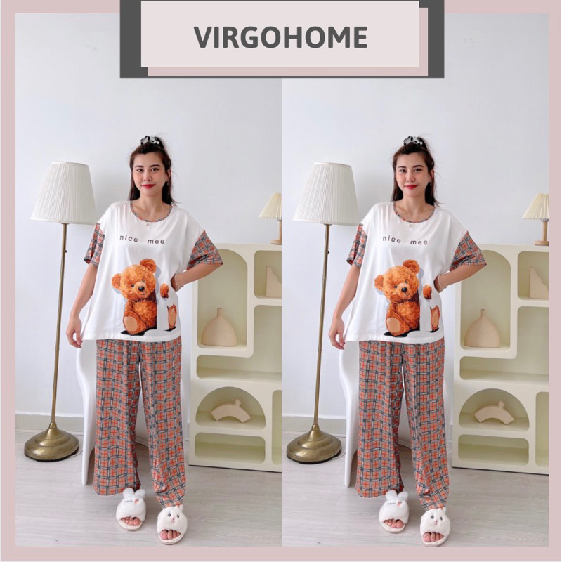 Đồ bộ ngủ nữ cổ tròn chất lụa cao cấp VIRGO cộc tay quần dài không nhăn không xù pyjamas họa tiết đáng yêu dễ thương