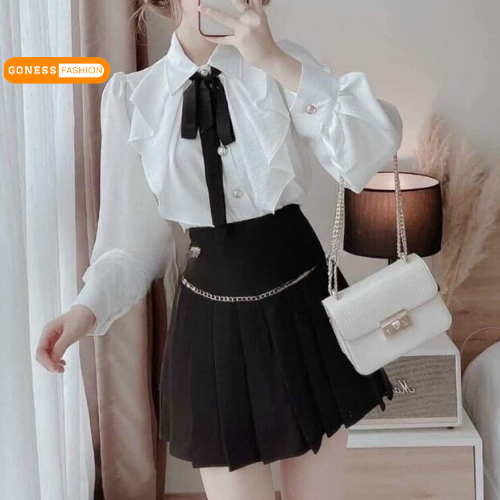 Áo sơ mi nữ Goness tay phồng dài cao cấp phối dây nơ đẹp sang trọng thời trang công sở A11