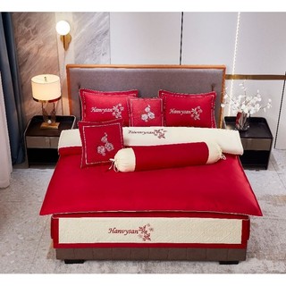 Bộ satin chăn ga gối cưới 7 món trần bông cao cấp màu đỏ