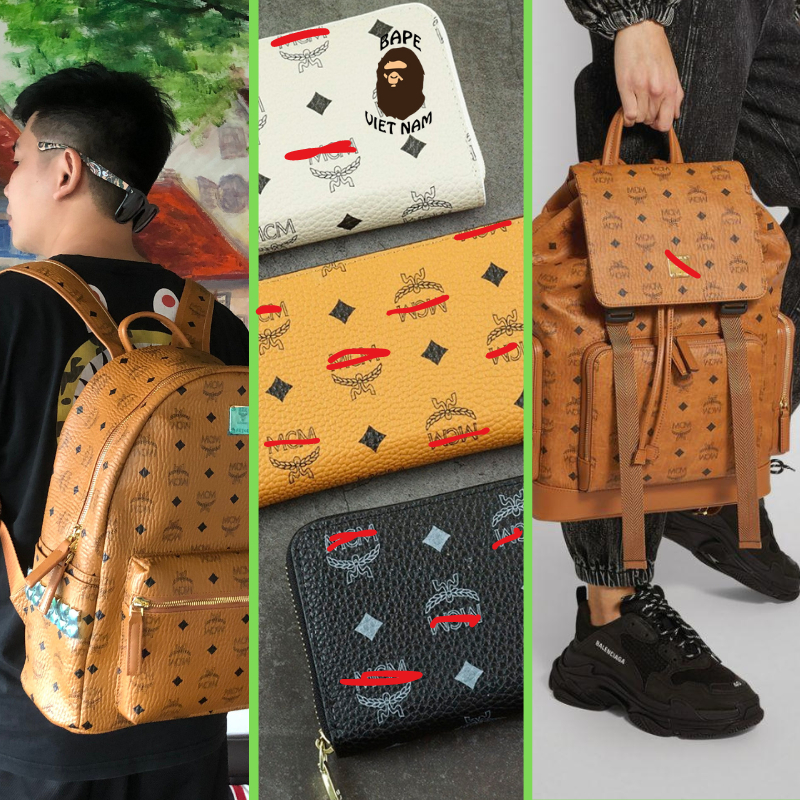 Tổng hợp mẫu balo M(M bản lót da size 40, túi, ví da logo cân, màu Nâu, Đen, Kem, Trắng, Hồng BapeVN