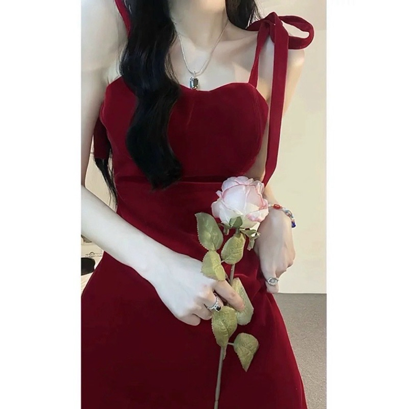 ĐẦM NHUNG 2 DÂY CÓ MÚT NGỰC