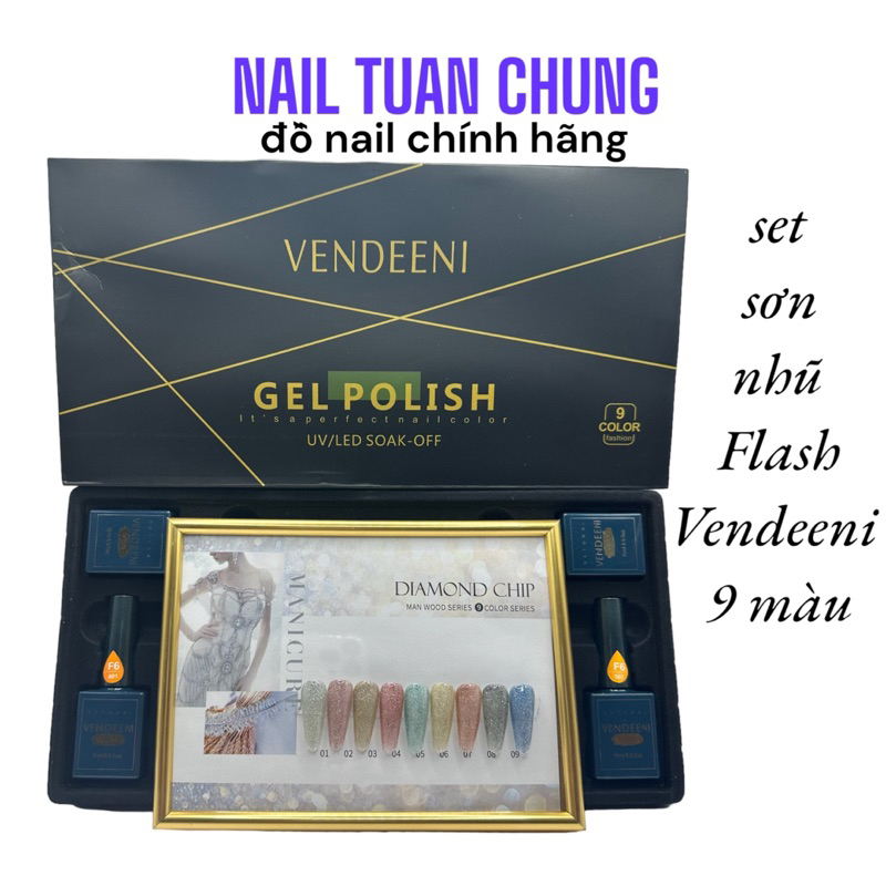 Set Sơn Gel Nhũ Flash Vendeeni 9 Màu ( Tặng Bảng Màu ) Hàng Chính Hãng