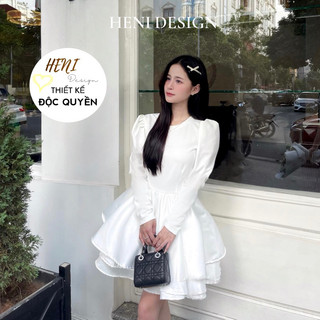  HENI DESIGN | Váy CinDY trắng tay dài bồng phối Taffta Cao Cấp váy tay bồng váy xoè váy babydoll tay dài váy trắng 