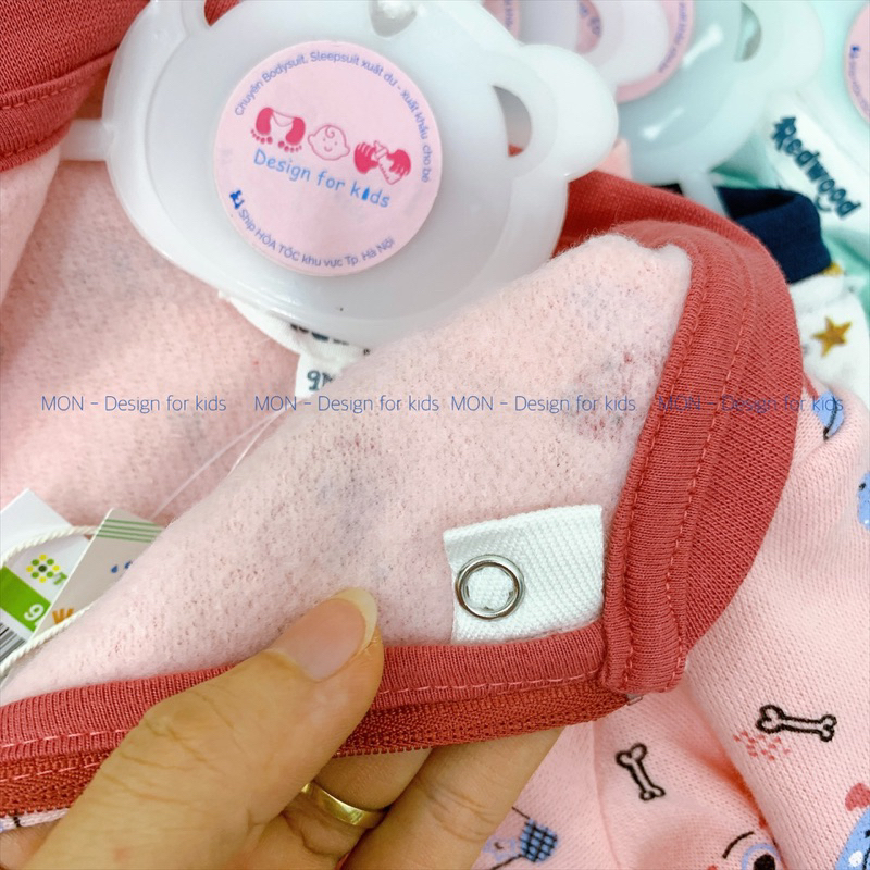 Sleepsuit nỉ bông KHÓA KÉO hàng xuất dư RED.WOOD bộ body dài tay liền tất cho bé