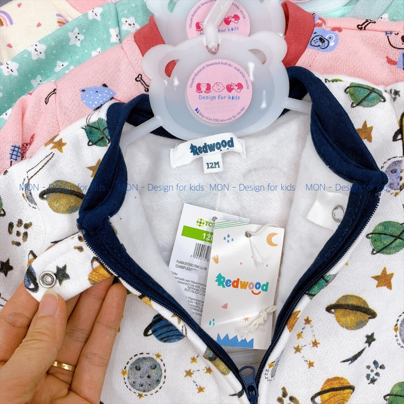 Sleepsuit nỉ bông KHÓA KÉO hàng xuất dư RED.WOOD bộ body dài tay liền tất cho bé
