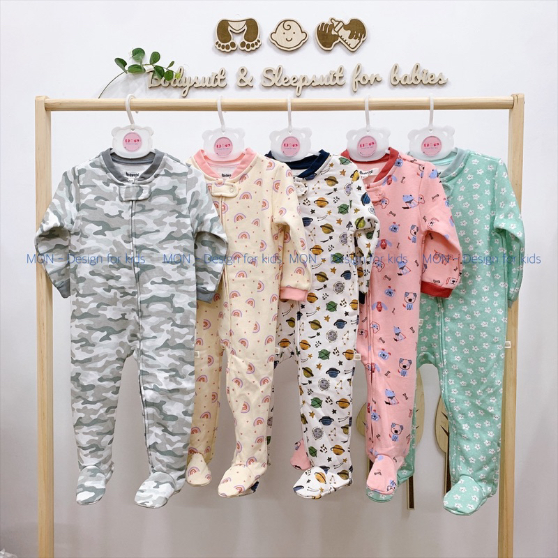 Sleepsuit nỉ bông KHÓA KÉO hàng xuất dư RED.WOOD bộ body dài tay liền tất cho bé