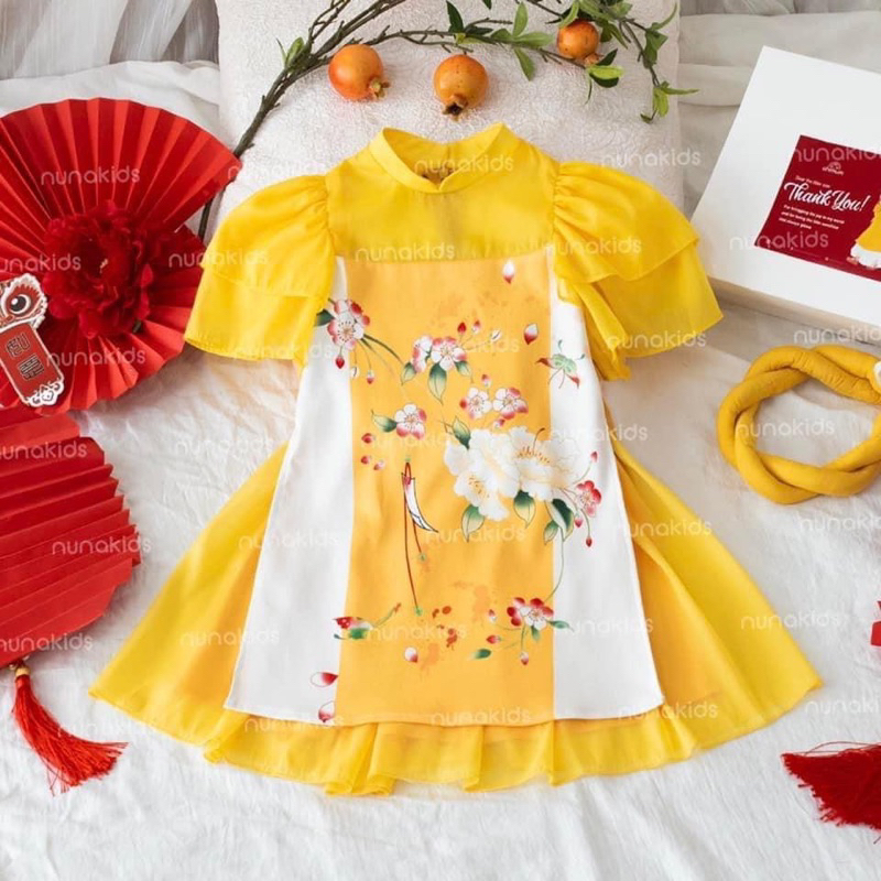 Áo dài lụa xướt bé gái thiết kế 10-38ki