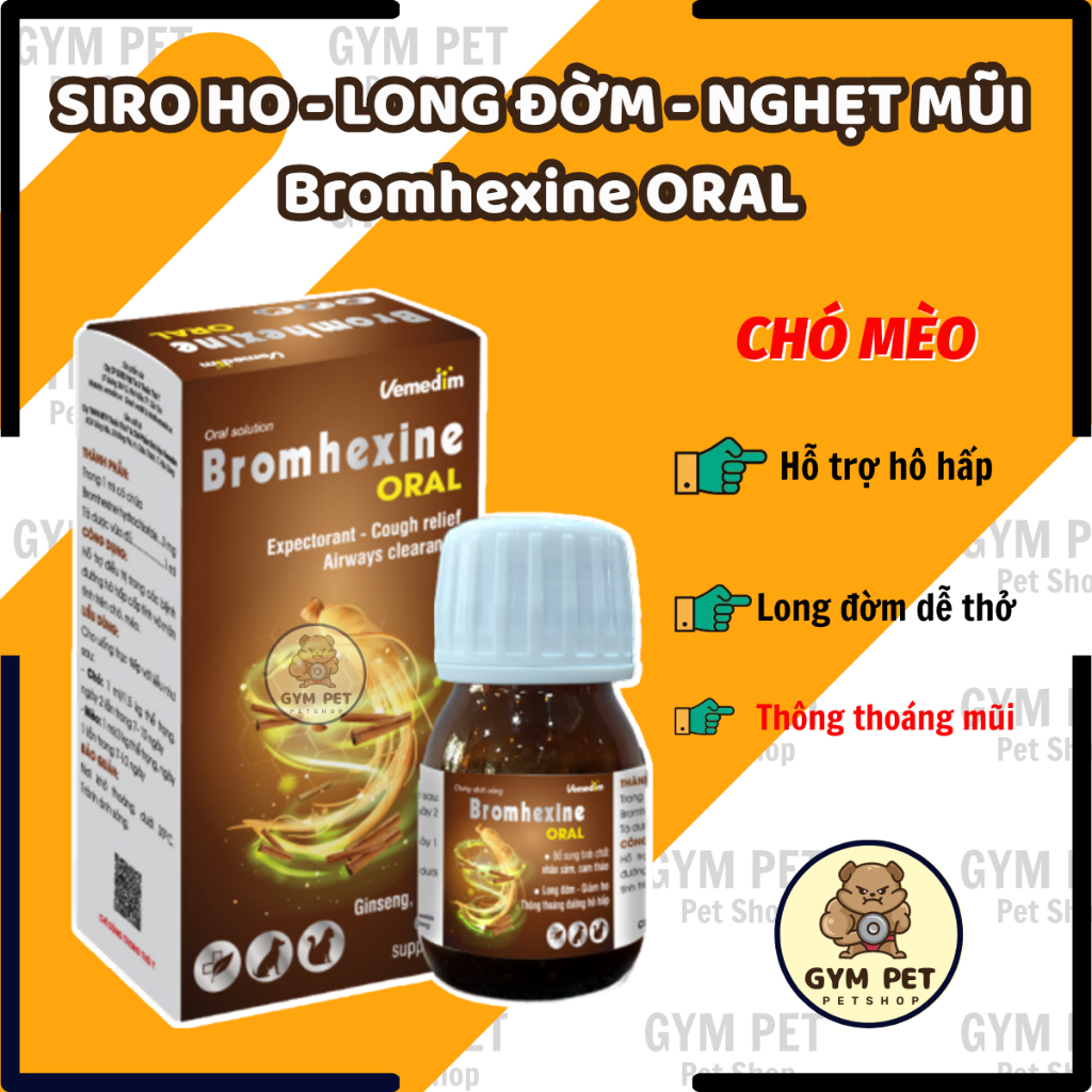 BROMHEXINE ORAL siro uống hỗ trợ hô hấp cho chó mèo giúp long đờm giảm ho, dễ thở
