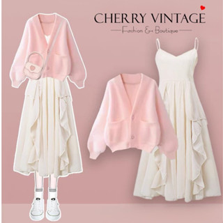 Set áo cardigan len lông thỏ tay bồng cúc vuông chất dày dặn loại 1 mặc cùng váy hai dây voan tơ bồng bềnh tiểu thư