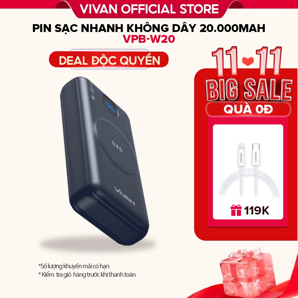 Pin dự phòng VIVAN VPB-W20/ VPB-D20 20000mAh Hiển thị đèn thông minh không dây 3 cổng  sạc nhanh 15W/ 22.5WQC3.0 PD