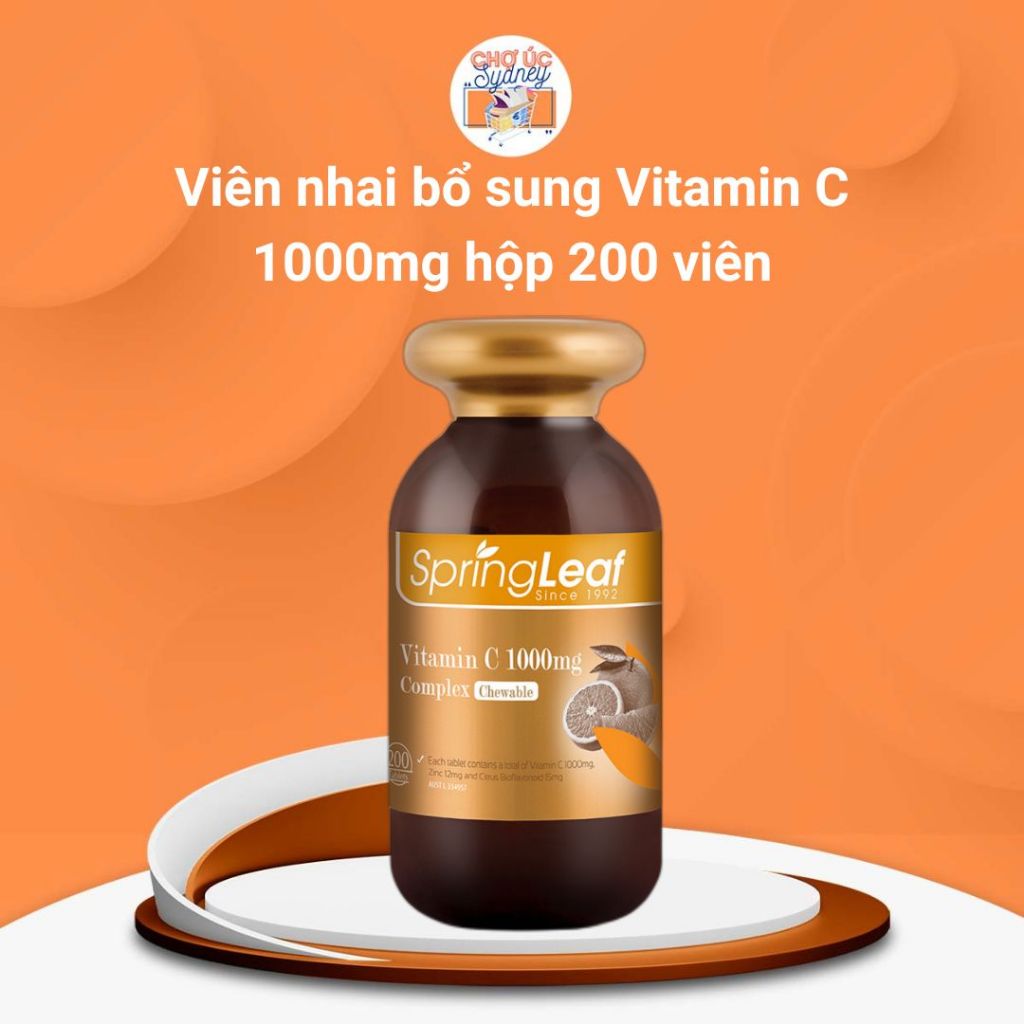 Vitamin C Tăng đề kháng, chống oxy hóa, sáng da, sản sinh collagen Viên Ngậm Nhai 1000mg SpringLeaf 200 viên