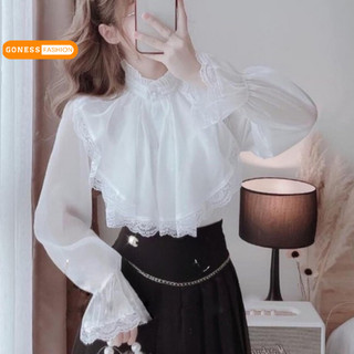 Áo sơ mi nữ Goness dài tay hai lớp phối ren công sở cao cấp kiểu cổ bèo đẹp nhiều màu sang trọng A12