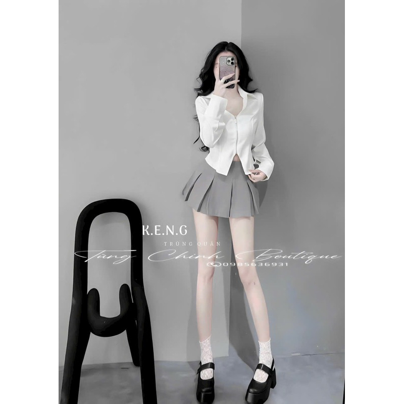 Set Bộ Áo Sơ Mi Tay Dài Khoá Kéo Xẻ Giữa + Chân Váy Xếp Ly To Tuyết Mưa Có Lót Quần