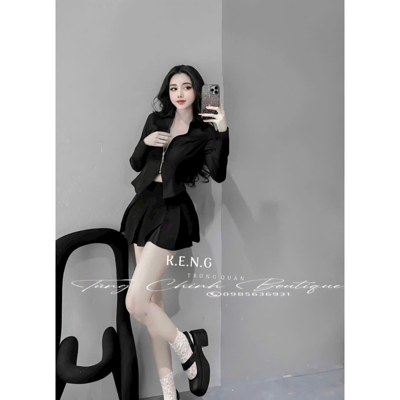 Set Bộ Áo Sơ Mi Tay Dài Khoá Kéo Xẻ Giữa + Chân Váy Xếp Ly To Tuyết Mưa Có Lót Quần