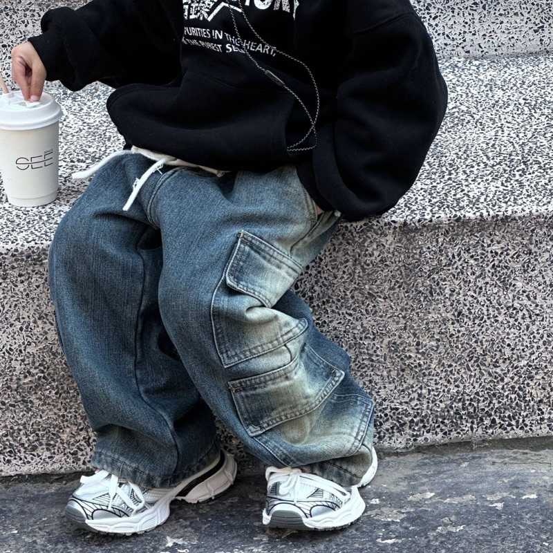 Quần jean bé trai lót lông 4 túi hộp loang Q267 size 90-140, quần dài trẻ em thu đông cao cấp