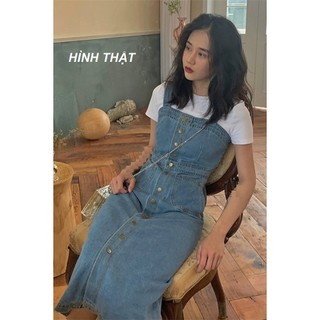 Đầm yếm, Váy yếm jean dài VYD01 2 dây cài nút bấm suông,không co dãn hàng Quảng Châu