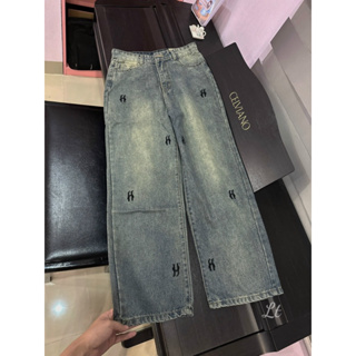 Quần jeans nữ ống rộng thêu chữ H - Quần jean cạp cao phong cách