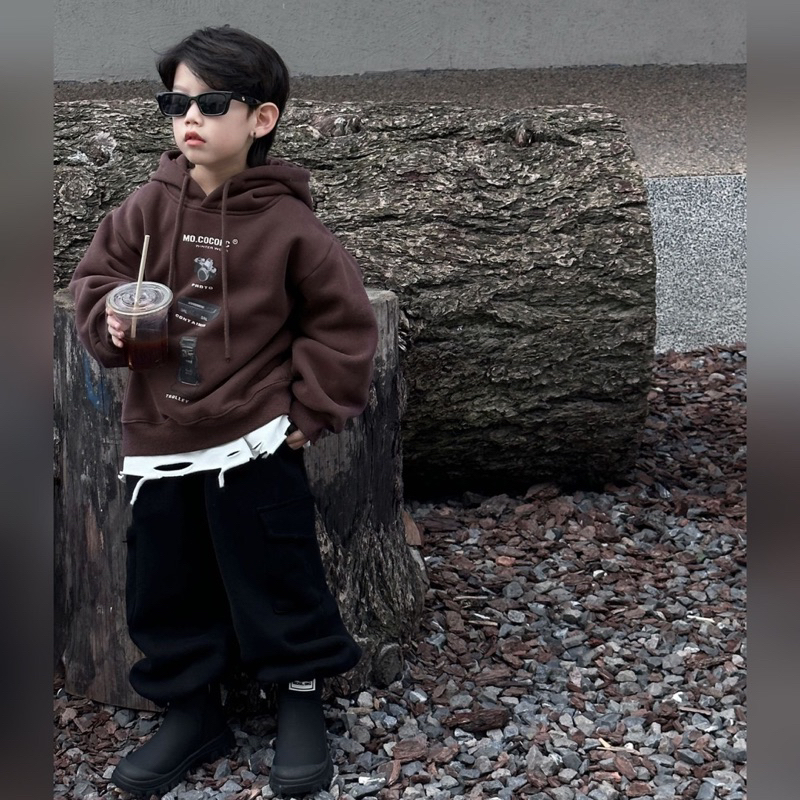 Áo hoodie bé trai nỉ lót lông ấm MO A414 size 90-140, quần áo trẻ em thu đông cao cấp